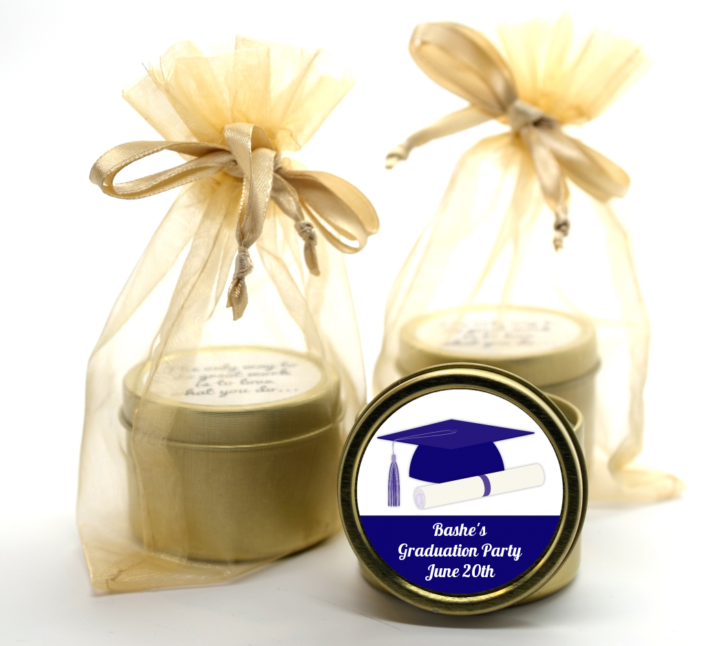 Graduation Cap Blue - Graduation Party Gold Tin Candle Favors