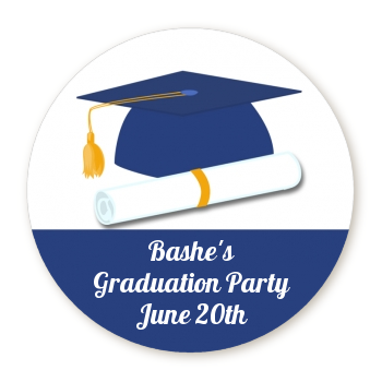 Graduation Cap Blue - Round Personalized Graduation Party Sticker Labels