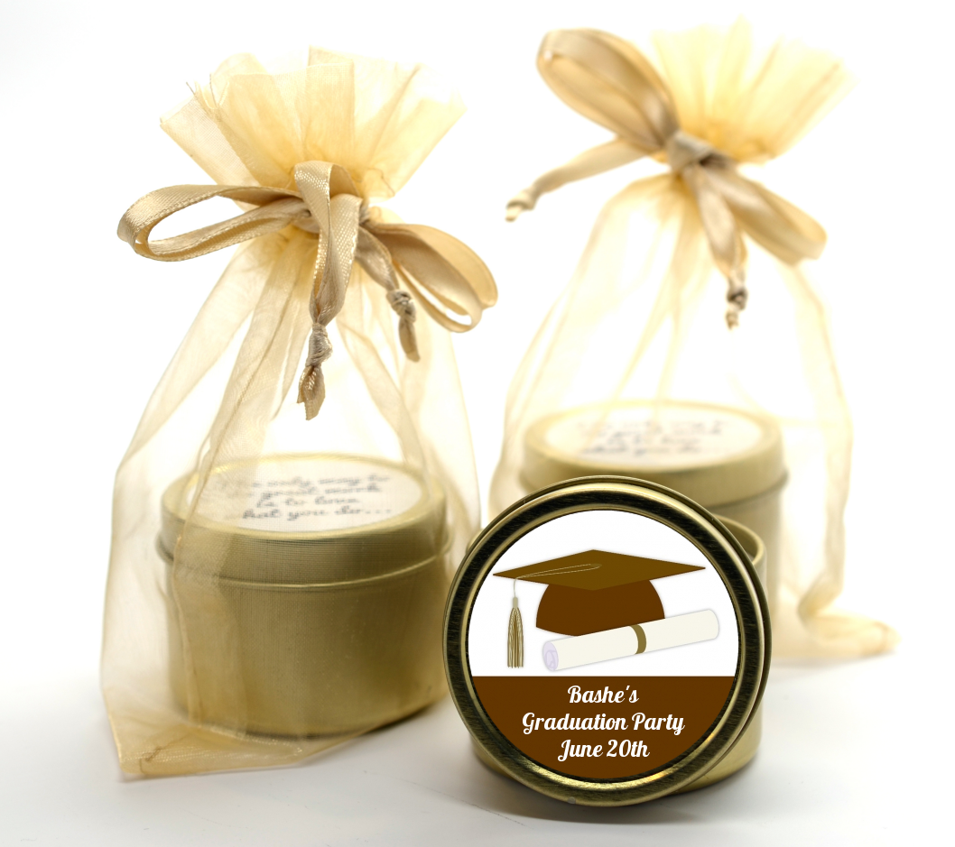 Graduation Cap Brown - Graduation Party Gold Tin Candle Favors