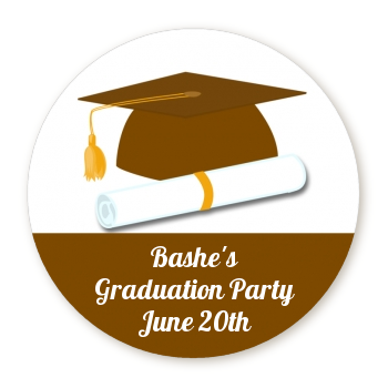 Graduation Cap Brown - Round Personalized Graduation Party Sticker Labels