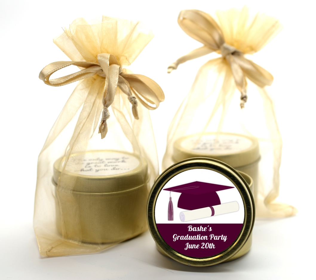 Graduation Cap Maroon - Graduation Party Gold Tin Candle Favors