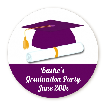Graduation Cap Purple - Round Personalized Graduation Party Sticker Labels