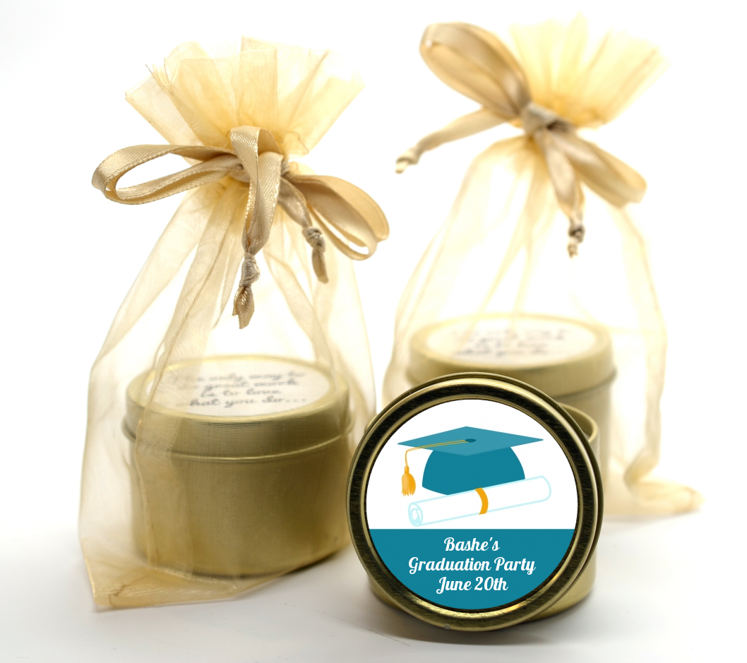Graduation Cap Teal - Graduation Party Gold Tin Candle Favors