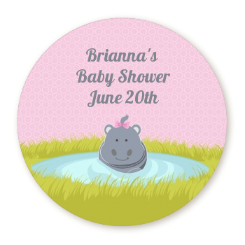 Hippopotamus Girl - Round Personalized Baby Shower Sticker Labels