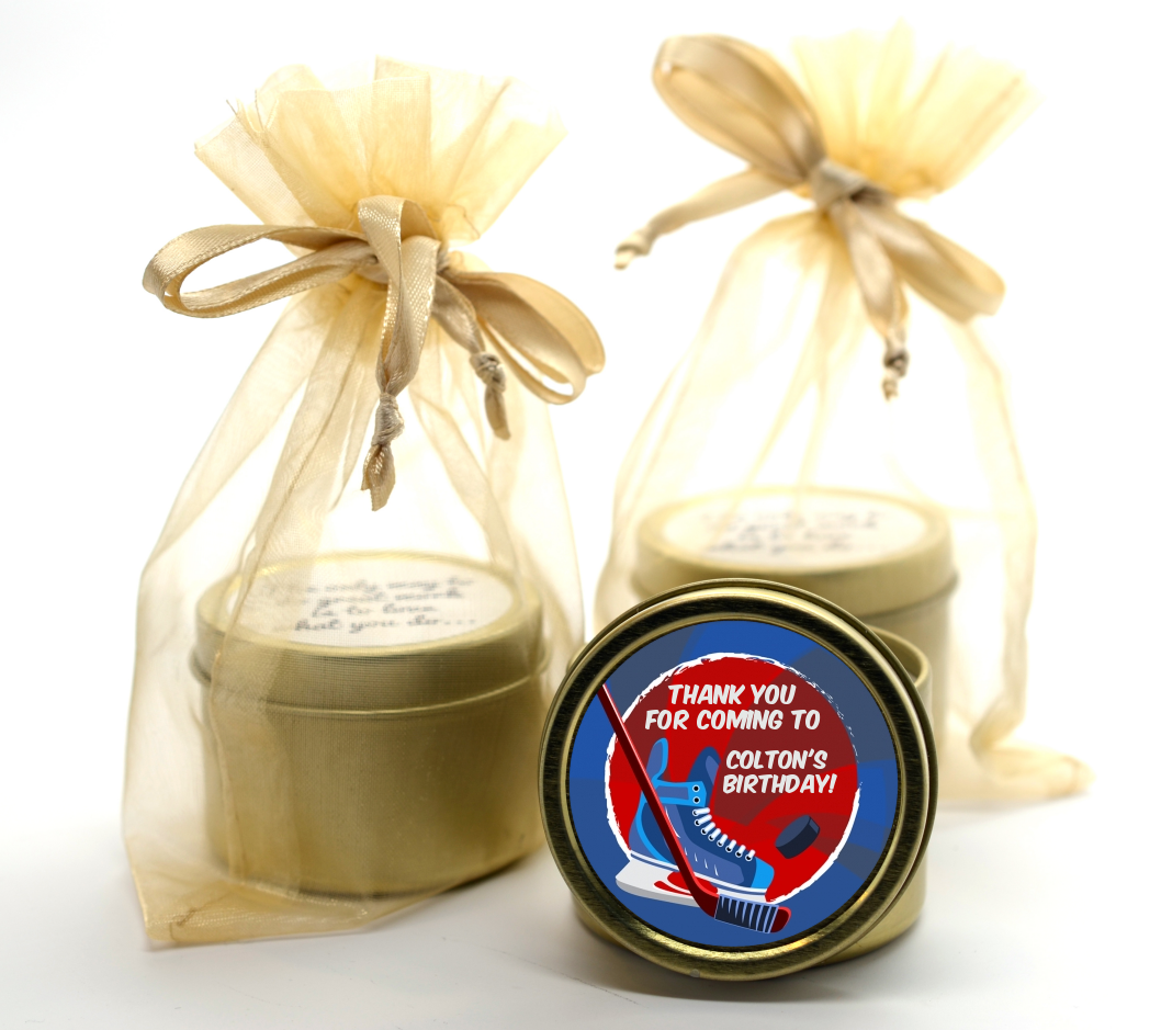 Hockey - Birthday Party Gold Tin Candle Favors