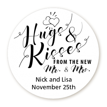 Hugs & Kisses From Mr & Mrs - Round Personalized Bridal Shower Sticker Labels