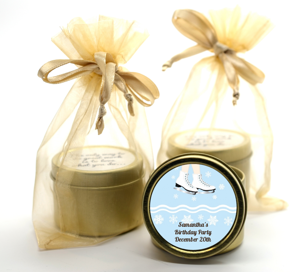 Ice Skating with Snowflakes - Birthday Party Gold Tin Candle Favors