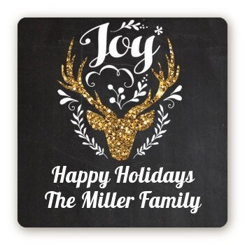 Joy Oh Deer Gold Glitter Stickers, Personalized Square Christmas stickers, Christmas gift tags, Large gift tags, Happy Holiday labels