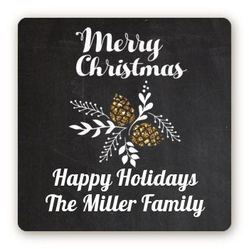 Pine Cones Gold Glitter Stickers, Personalized Square Merry Christmas stickers, Christmas gift tags, Large gift tags, Happy Holiday labels