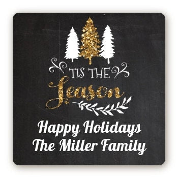 Tis The Season Gold Glitter Stickers, Personalized Square Christmas stickers, Christmas gift tags, Large gift tags, Happy Holiday labels