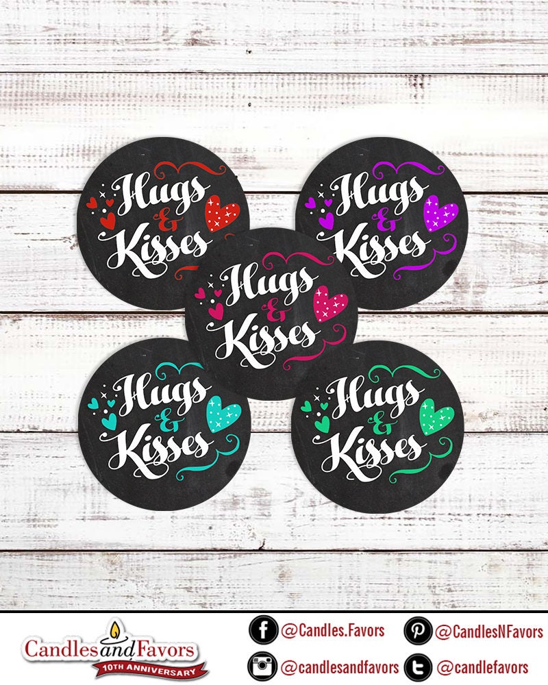 Happy Valentine's Day Stickers - Personalized Round Hugs and Kisses Valentine Sticker Labels -