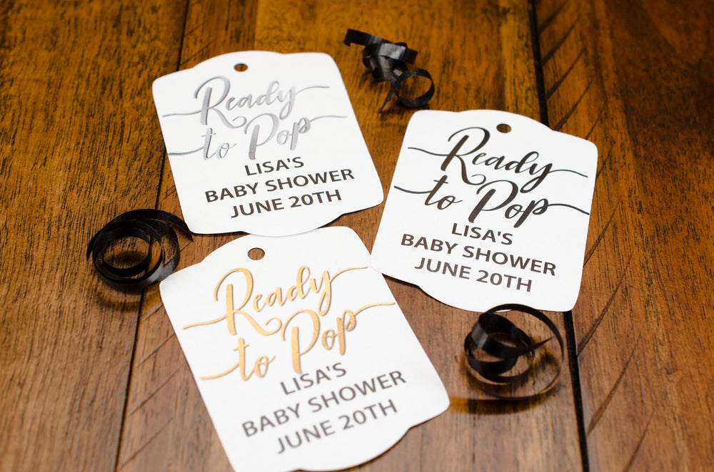 Ready To Pop Baby Shower Custom Favor Tags | Set of 8 | Ready To Pop Faux Metallic Party Favor Gift Tags | About To Pop® Favor Tag
