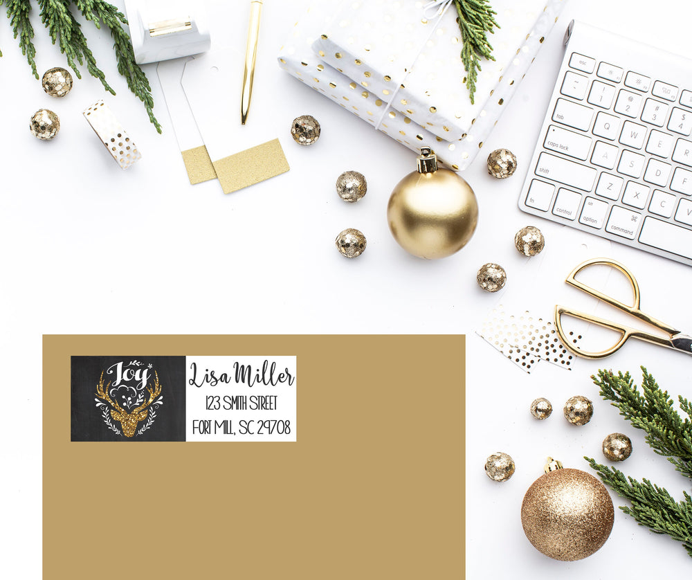 Christmas Return Address Labels | Holiday Return Address Sticker Labels | Black and Faux Glitter Christmas Address Labels | (Set of 30)