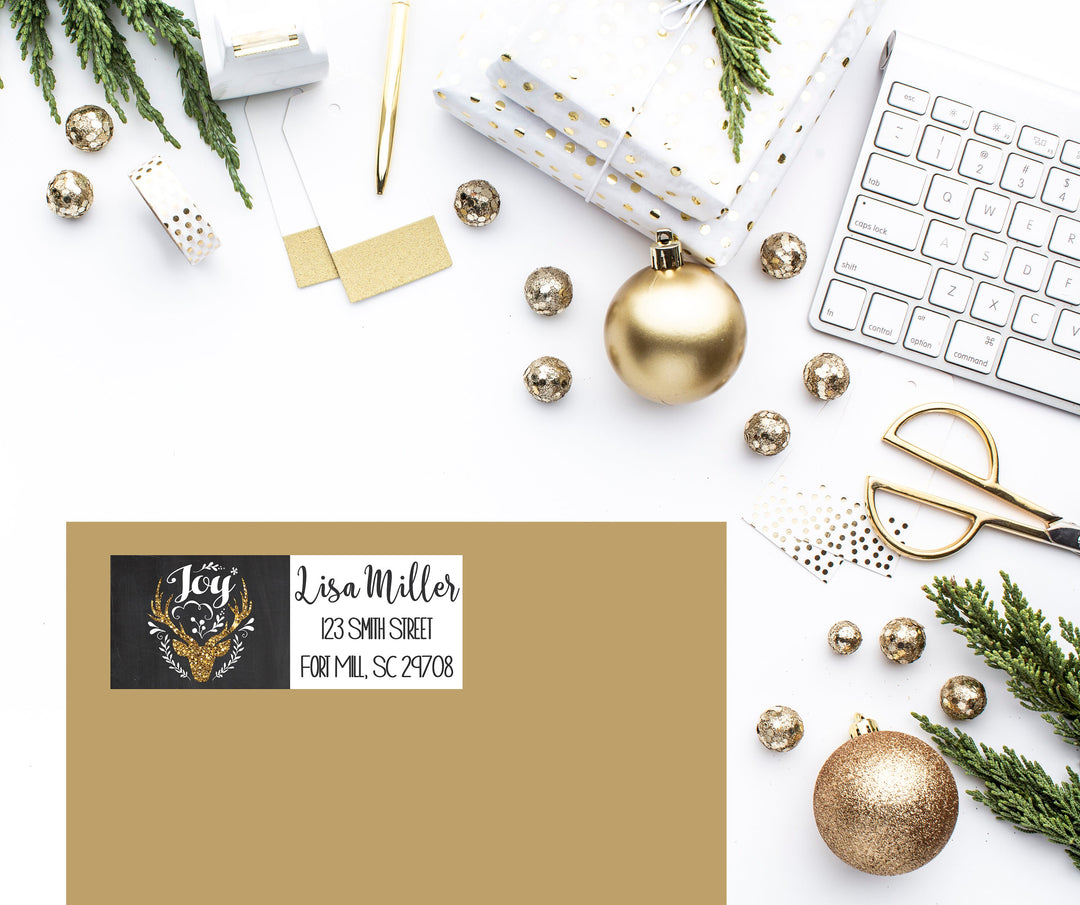 Christmas Return Address Labels | Holiday Return Address Sticker Labels | Black and Faux Glitter Christmas Address Labels | (Set of 30)