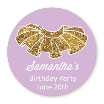 Tutu Gold Faux Glitter Birthday Party Favor Stickers, Happy Birthday Labels, Custom Birthday Party Favor Labels, Personalized Round Stickers