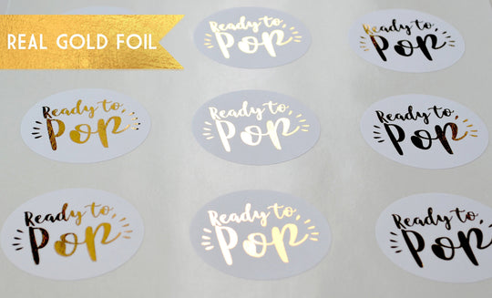 Ready To Pop Personalized Round Baby Shower Gold Sticker Labels - Round Gold Foil Stickers Ready To Pop Gold Round Sticker Labels