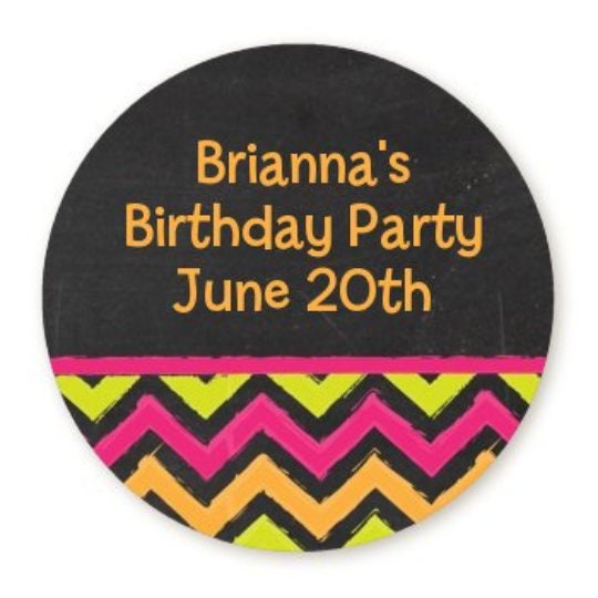 Chevron Chalk Birthday Party Favor Stickers, Happy Birthday Labels, Custom Birthday Party Favor Labels, Personalized Round Stickers