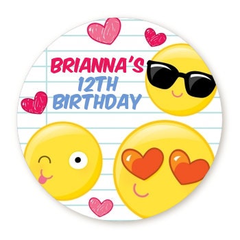 Emoji Party Birthday Party Favor Stickers, Happy Birthday Labels, Custom Birthday Party Favor Labels, Personalized Round Stickers
