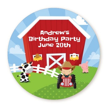 Farm Boy Birthday Party Favor Stickers, Happy Birthday Labels, Custom Birthday Party Favor Labels, Round Stickers