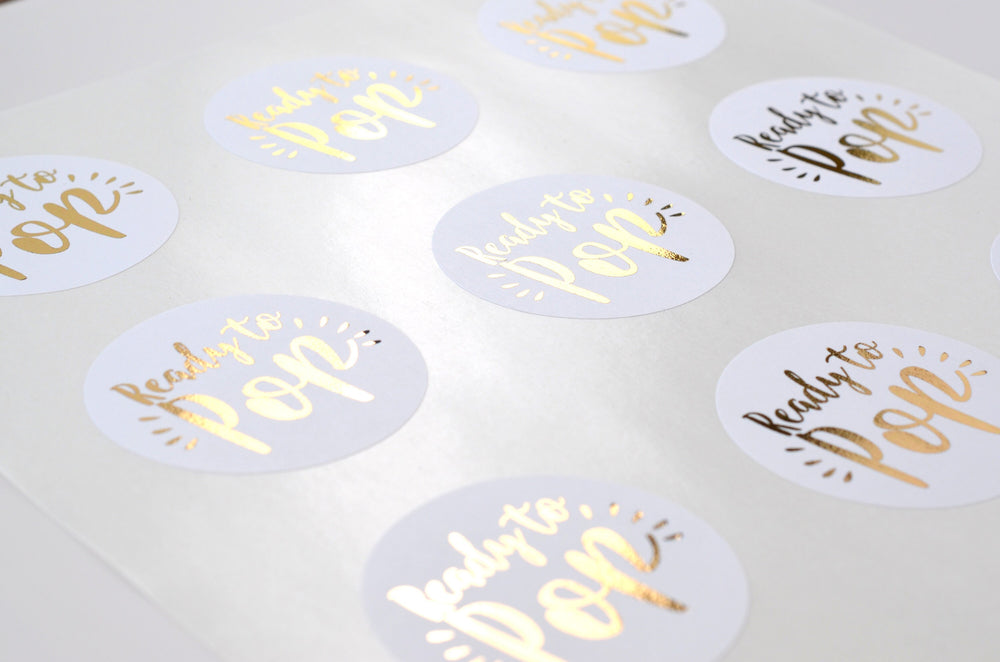 Ready To Pop Personalized Round Baby Shower Gold Sticker Labels - Round Gold Foil Stickers Ready To Pop Gold Round Sticker Labels