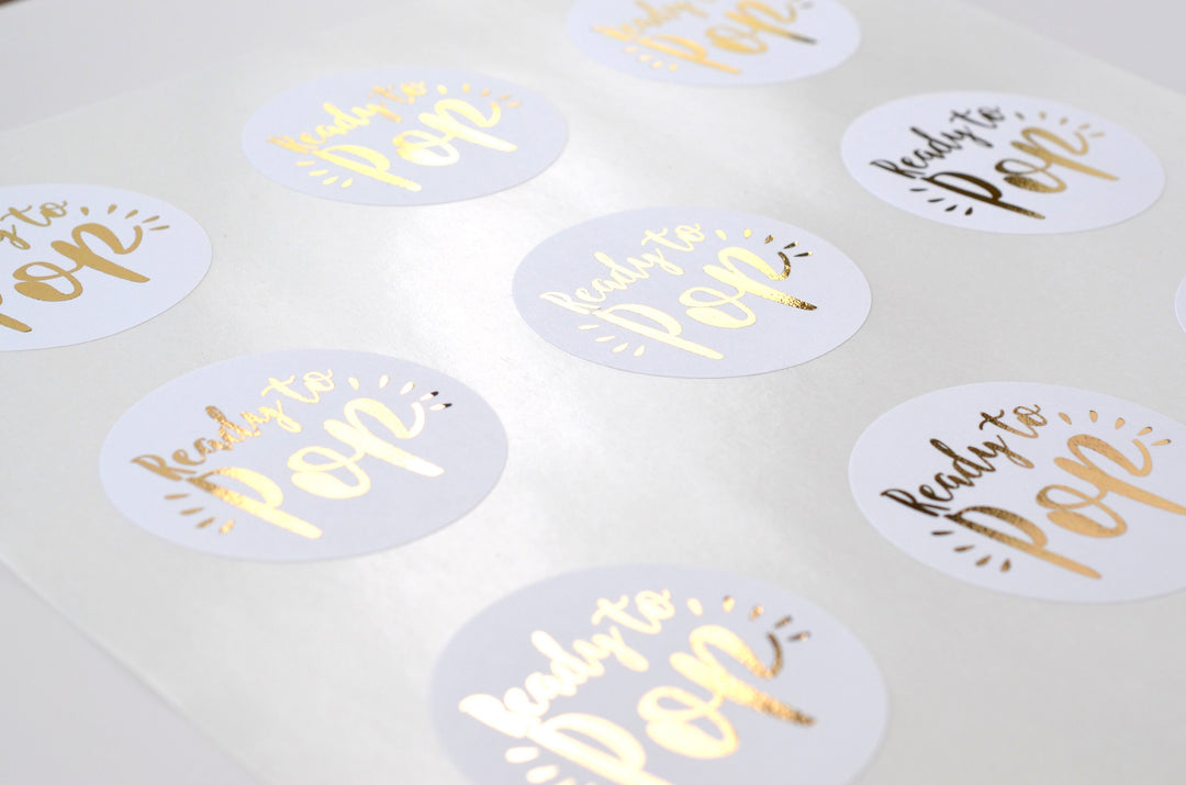 Ready To Pop Personalized Round Baby Shower Gold Sticker Labels - Round Gold Foil Stickers Ready To Pop Gold Round Sticker Labels