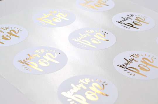 Ready To Pop Personalized Round Baby Shower Gold Sticker Labels - Round Gold Foil Stickers Ready To Pop Gold Round Sticker Labels