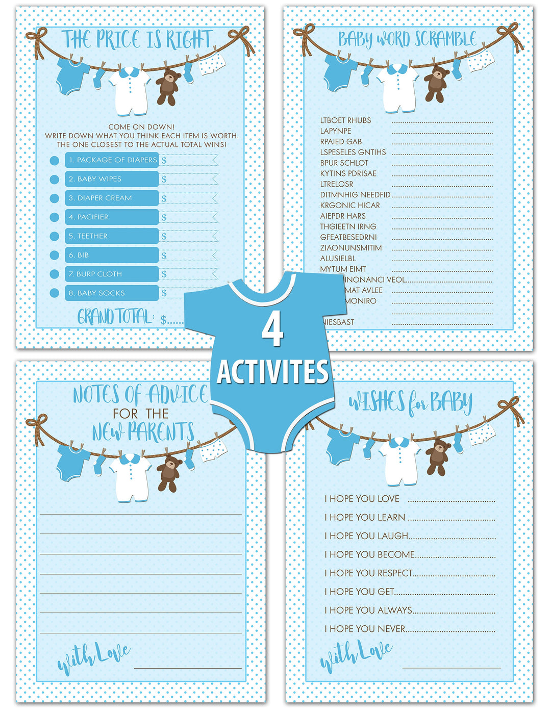 It's A Boy Baby Shower Game Bundle | 40 Cards | Baby Shower Price Is Right | Baby Shower Word Unscramble | Notes of Advice | Wishes for Baby