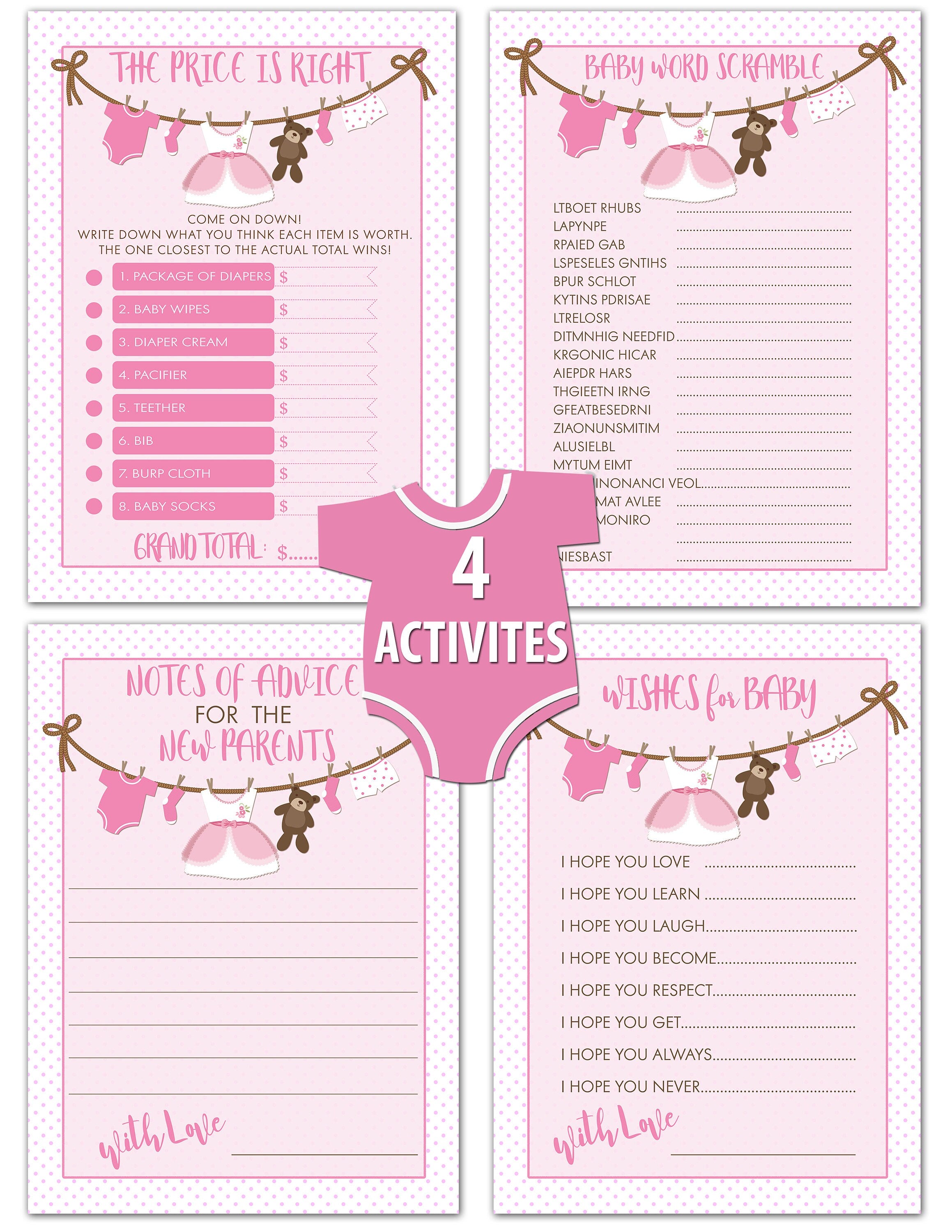 It's A Girl Baby Shower Game Bundle | 40 Cards | Baby Shower Price Is Right | Baby Shower Word Unscramble | Notes of Advice  Wishes for Baby
