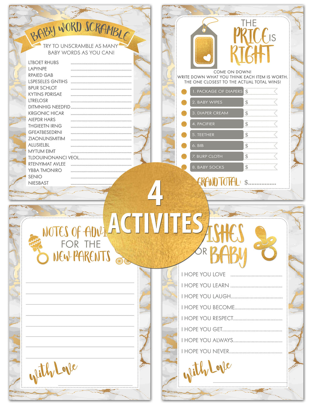 Baby Shower Game Bundle | 40 Cards | Baby Shower Price Is Right | Baby Shower Word Unscramble | Notes of Advice | Wishes for Baby
