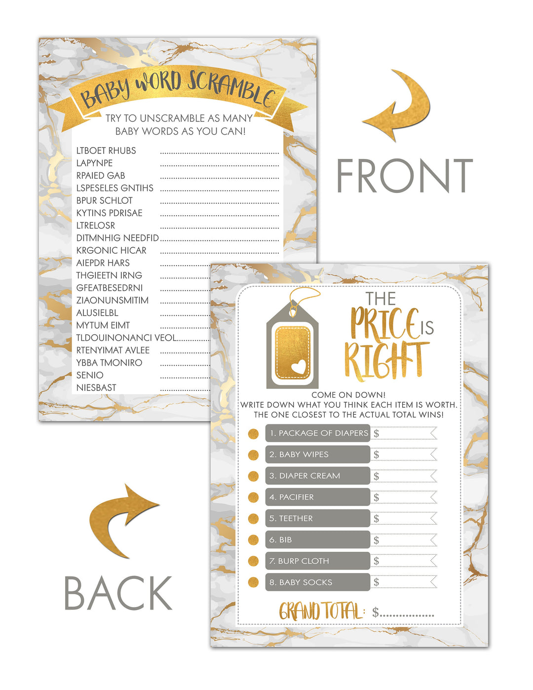 Baby Shower Game Bundle | 40 Cards | Baby Shower Price Is Right | Baby Shower Word Unscramble | Notes of Advice | Wishes for Baby