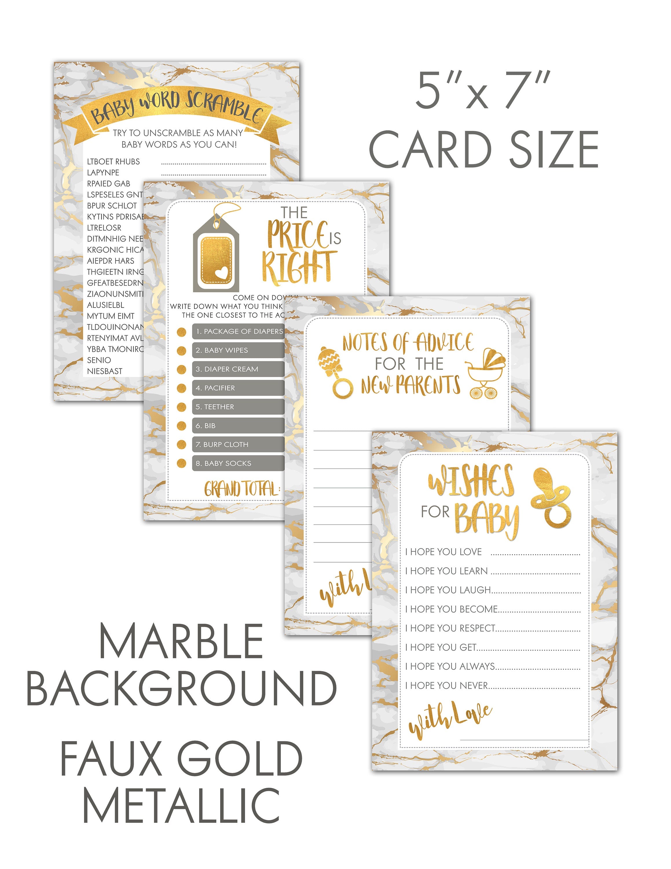Baby Shower Game Bundle | 40 Cards | Baby Shower Price Is Right | Baby Shower Word Unscramble | Notes of Advice | Wishes for Baby