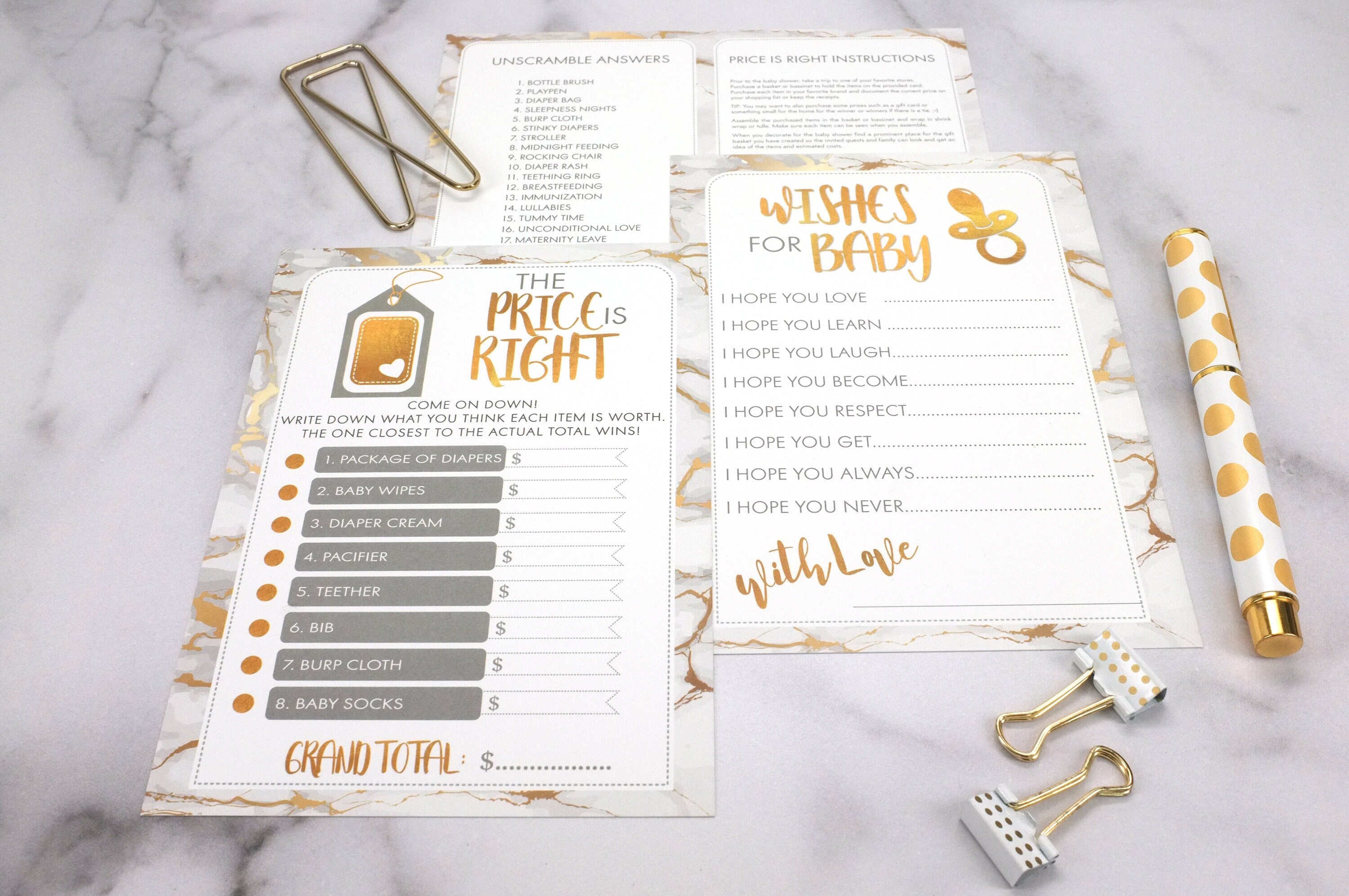 Baby Shower Game Bundle | 40 Cards | Baby Shower Price Is Right | Baby Shower Word Unscramble | Notes of Advice | Wishes for Baby