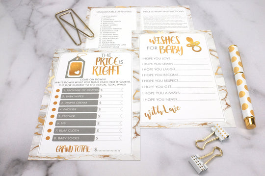 Baby Shower Game Bundle | 40 Cards | Baby Shower Price Is Right | Baby Shower Word Unscramble | Notes of Advice | Wishes for Baby
