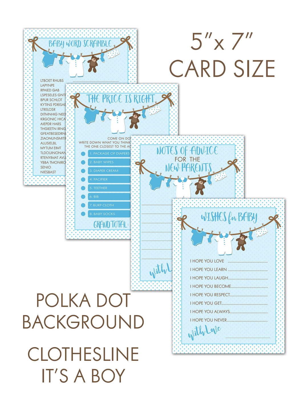 It's A Boy Baby Shower Game Bundle | 40 Cards | Baby Shower Price Is Right | Baby Shower Word Unscramble | Notes of Advice | Wishes for Baby