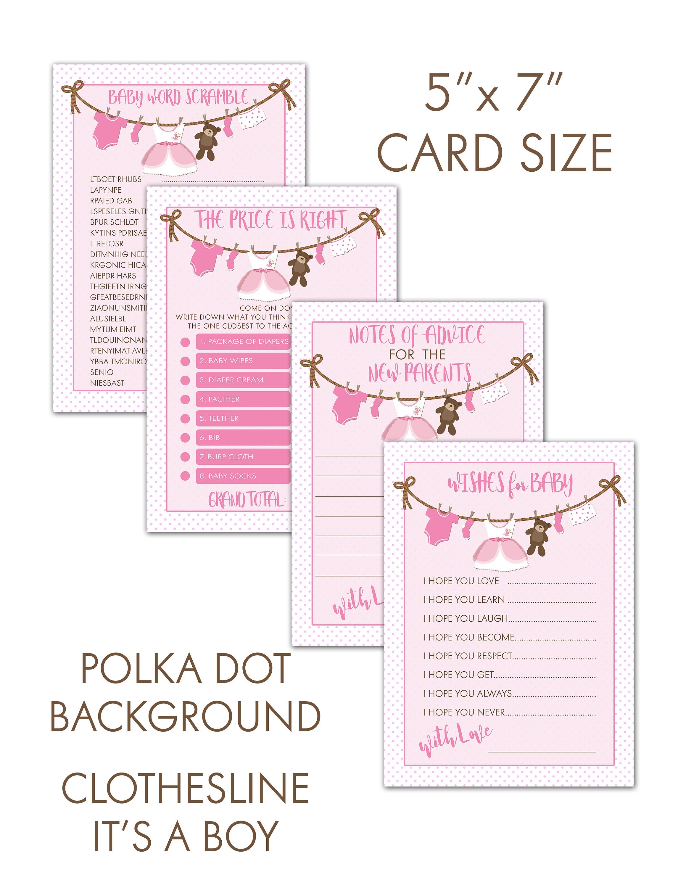 It's A Girl Baby Shower Game Bundle | 40 Cards | Baby Shower Price Is Right | Baby Shower Word Unscramble | Notes of Advice  Wishes for Baby