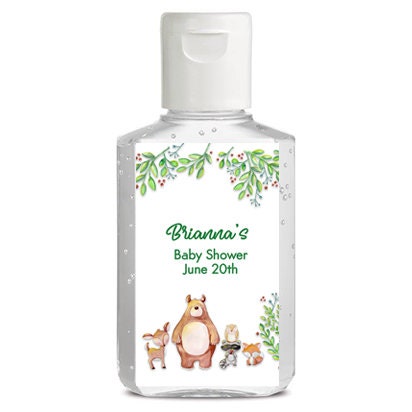 18 Woodland hand sanitizer baby shower favor labels, Rustic baby shower, Baby animal baby shower favor label, hand sanitizer favor label