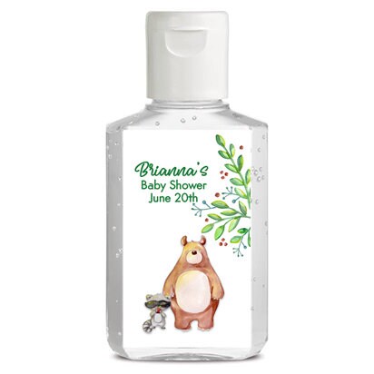 18 Woodland hand sanitizer baby shower favor labels, Rustic baby shower, Baby animal baby shower favor label, hand sanitizer favor label