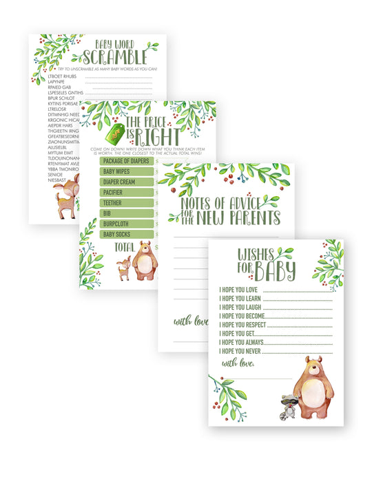 Woodland Animals Baby Shower Game | 40 Cards | Baby Shower Price Is Right | Baby Shower Word Unscramble | Notes of Advice | Wishes for Baby
