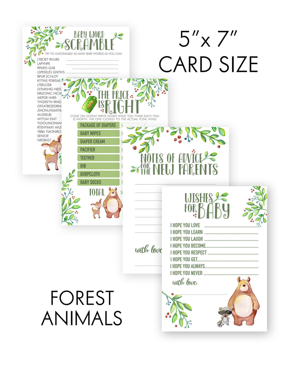Woodland Animals Baby Shower Game | 40 Cards | Baby Shower Price Is Right | Baby Shower Word Unscramble | Notes of Advice | Wishes for Baby