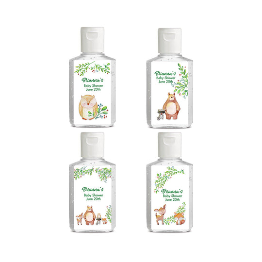 18 Woodland hand sanitizer baby shower favor labels, Rustic baby shower, Baby animal baby shower favor label, hand sanitizer favor label