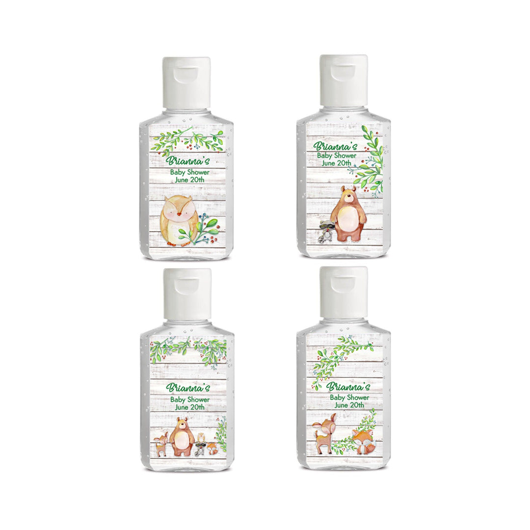 18 Woodland hand sanitizer baby shower favor labels, Rustic baby shower, Baby animal baby shower favor label, hand sanitizer favor label