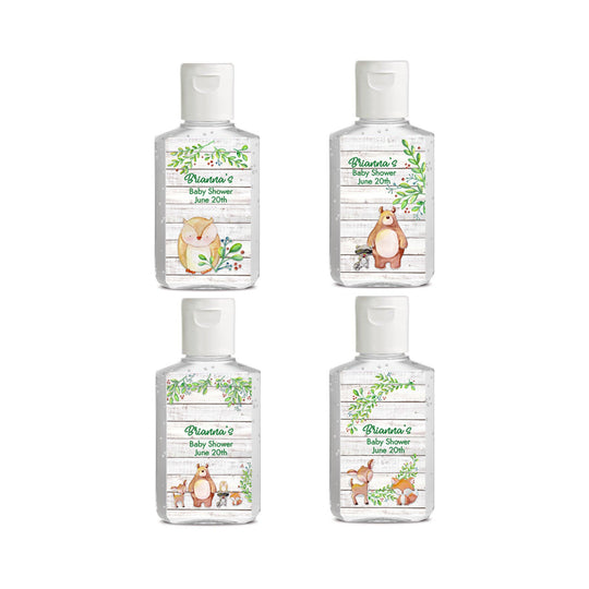 18 Woodland hand sanitizer baby shower favor labels, Rustic baby shower, Baby animal baby shower favor label, hand sanitizer favor label