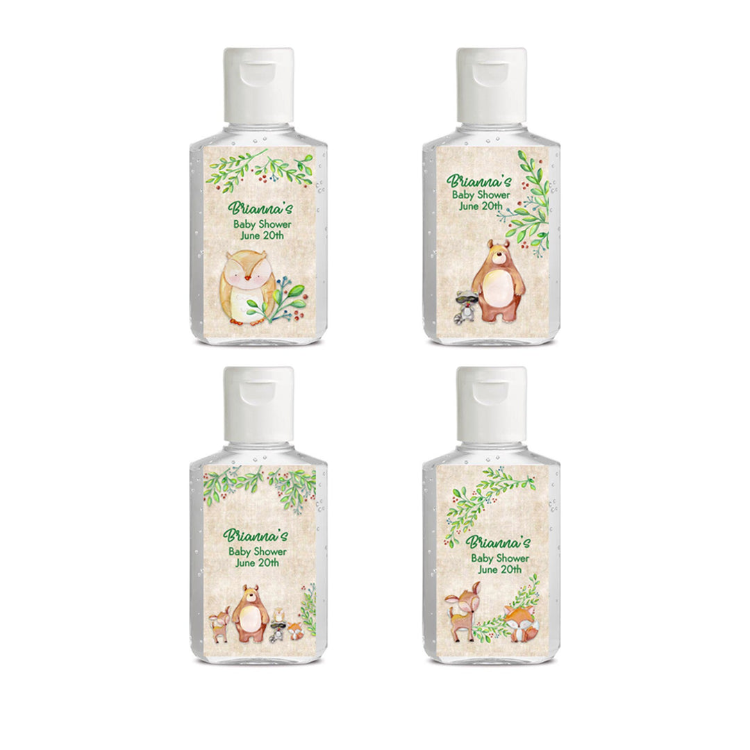 18 Woodland hand sanitizer baby shower favor labels, Rustic baby shower, Baby animal baby shower favor label, hand sanitizer favor label