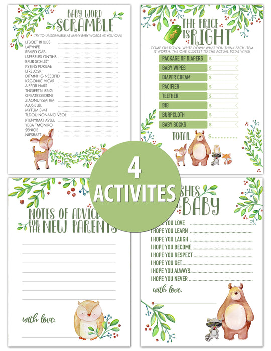 Woodland Animals Baby Shower Game | 40 Cards | Baby Shower Price Is Right | Baby Shower Word Unscramble | Notes of Advice | Wishes for Baby