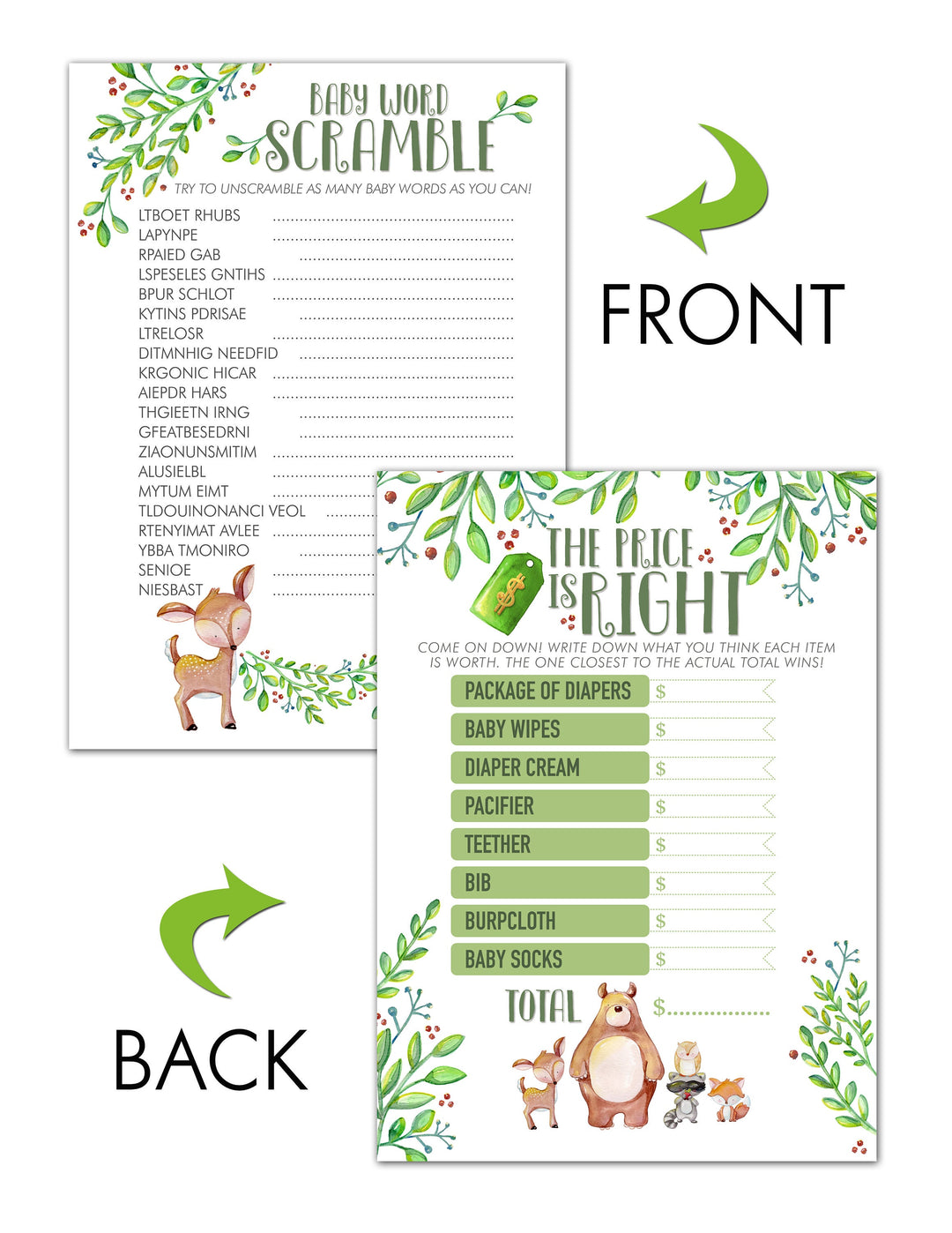 Woodland Animals Baby Shower Game | 40 Cards | Baby Shower Price Is Right | Baby Shower Word Unscramble | Notes of Advice | Wishes for Baby