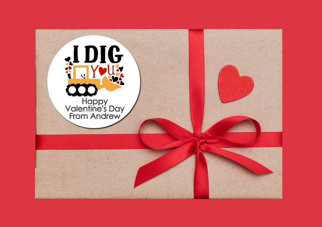 I Dig You Truck Valentine's Day Stickers - Personalized Valentine Round Sticker Labels - Classroom Valentines for School