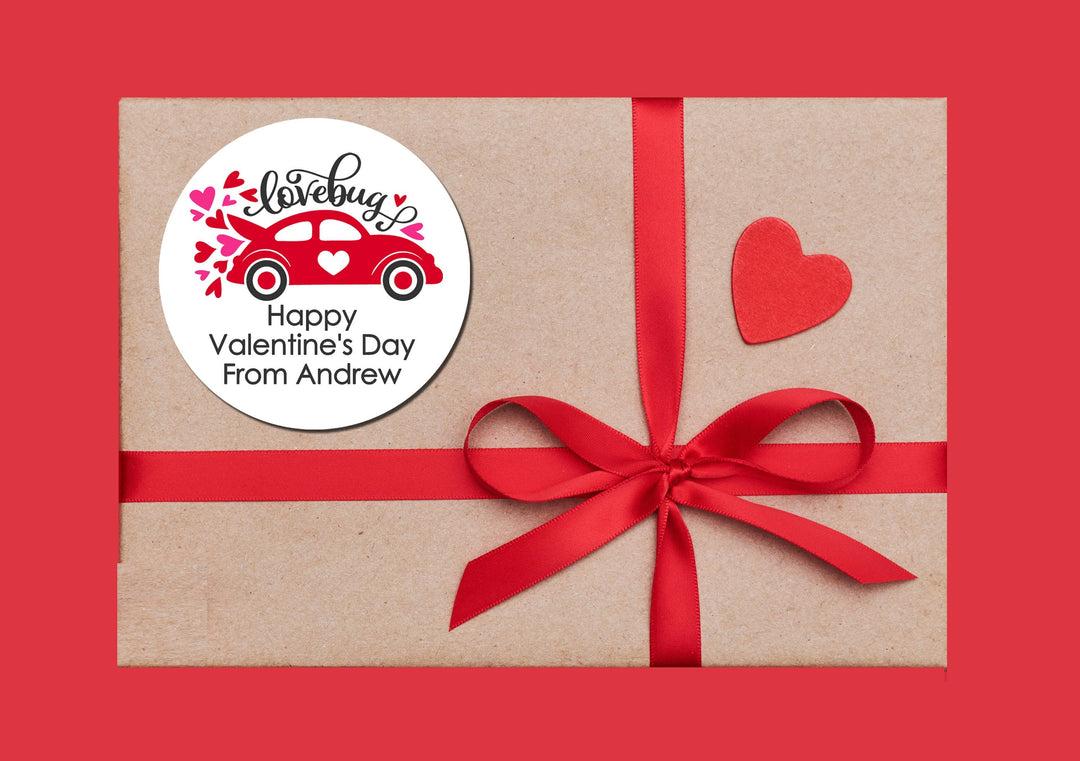 Lovebug Red Valentine's Day Stickers - Personalized Valentine Round Sticker Labels - Classroom Valentines for School