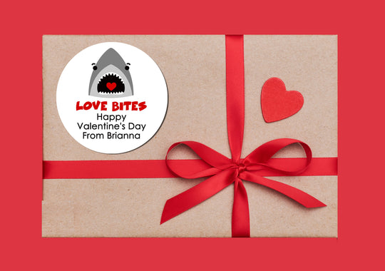 Love Bites Shark Valentine's Day Stickers - Personalized Valentine Round Sticker Labels - Classroom Valentines for School