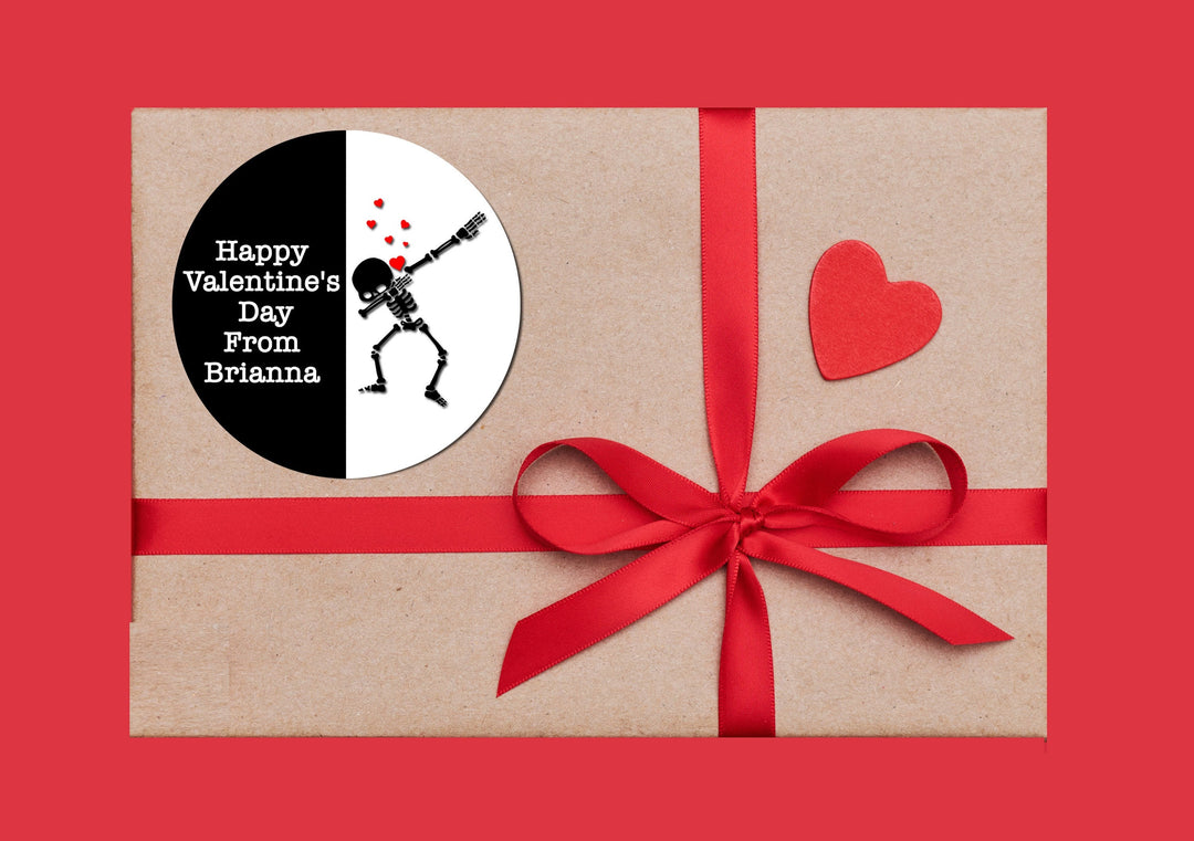 Skeleton Dabbing Valentine's Day Stickers - Personalized Valentine Round Sticker Labels - Classroom Valentines for School