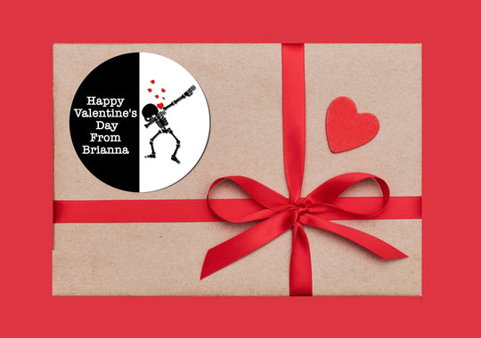 Skeleton Dabbing Valentine's Day Stickers - Personalized Valentine Round Sticker Labels - Classroom Valentines for School